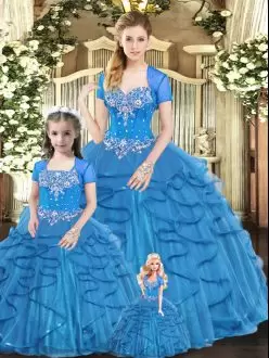 Sweetheart Sleeveless Sweet 16 Quinceanera Dress Floor Length Beading and Ruffles Blue Tulle