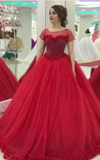 Traditional Red Short Sleeves Tulle Lace Up 15 Quinceanera Dress for Sweet 16 and Quinceanera