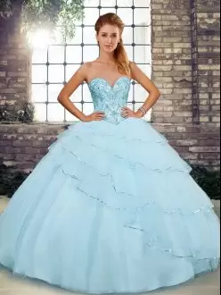 Fantastic Sweetheart Sleeveless Tulle Quinceanera Dresses Beading and Ruffled Layers Brush Train Lace Up