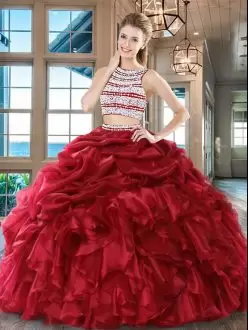 Wine Red Organza Backless Scoop Sleeveless Floor Length 15 Quinceanera Dress Beading and Ruffles and Pick Ups