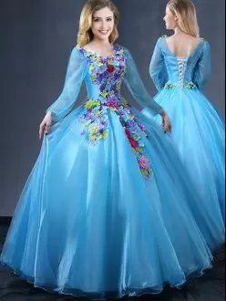 Baby Blue Tulle Long Sleeve Quinceanera Dress Colorful Handmade 3D FLowers