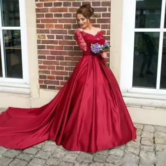 Ball Gown Long Sleeves Red Satin Sweet 16 Dress Court Train