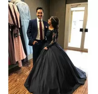 Black Ball Gowns Beading and Appliques Quince Ball Gowns Lace Up Satin Long Sleeves With Train
