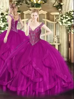 Designer Fuchsia V-neck Neckline Beading and Ruffles 15 Quinceanera Dress Sleeveless Lace Up