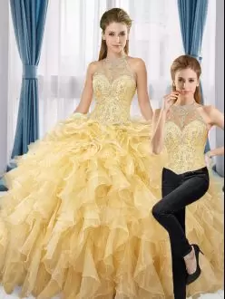 Gold Organza Lace Up Sweet 16 Dresses Sleeveless Floor Length Beading and Ruffles