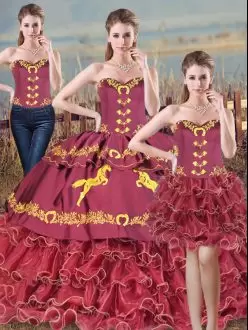Beauteous Burgundy Sleeveless Satin and Organza Brush Train Lace Up Vestidos de Quinceanera for Sweet 16