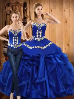 Admirable Embroidery and Ruffles Sweet 16 Dress Royal Blue Lace Up Sleeveless Floor Length