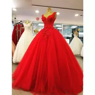 Simple Deep V-Neck Sleeveless Red 15th Birthday Dress with 3D Flowers under 200