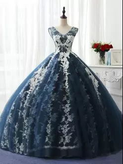 Customized Navy Blue Sweet 16 Quinceanera Dress Sweet 16 and Quinceanera with Ruffles and Pattern Scoop Sleeveless Lace Up