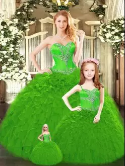 Green Ball Gowns Beading and Ruffles Quinceanera Gowns Lace Up Tulle Sleeveless Floor Length