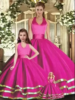 Romantic Fuchsia Ball Gowns Halter Top Sleeveless Organza Lace Up Ruffled Layers Vestidos de Quinceanera