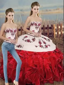 White And Red Quinceanera Gown Military Ball and Sweet 16 and Quinceanera with Embroidery and Ruffles and Bowknot Sweetheart Sleeveless Lace Up