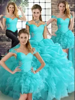 Stunning Floor Length Lace Up Ball Gown Prom Dress Aqua Blue for Military Ball and Sweet 16 and Quinceanera with Beading and Ruffles and Pick Ups