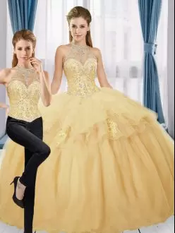 Gold High-neck Lace Up Beading and Appliques Quince Ball Gowns Sleeveless