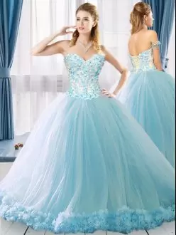 Lace Up 15th Birthday Dress Light Blue for Military Ball and Sweet 16 and Quinceanera with Appliques and Hand Made Flower Brush Train