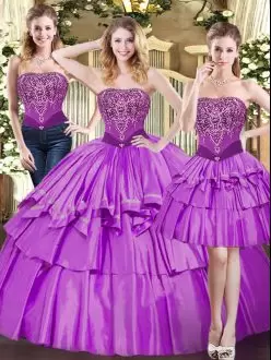 Strapless Sleeveless Tulle Sweet 16 Dresses Beading and Ruffled Layers Lace Up
