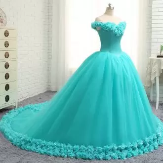 Beautiful Aqua Blue Puffy Bottom Off The Shoulder Cap Sleeves With Tulle Long Court Train 3D Flower Quinceanera Dress