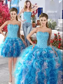 White and Baby Blue Sleeveless Floor Length Beading Lace Up Ball Gown Prom Dress Sweetheart