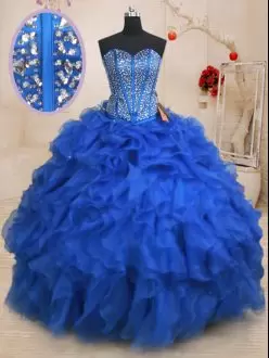 Eye-catching Royal Blue Ball Gowns Beading and Ruffles Quinceanera Gowns Lace Up Organza Sleeveless Floor Length