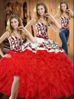 Sleeveless Floor Length Embroidery and Ruffles Lace Up Quinceanera Gown with Red