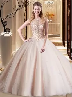 Hot Sale Peach Scoop Neckline Beading Sweet 16 Quinceanera Dress Sleeveless Lace Up