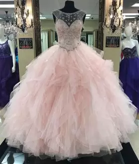 Pink Tulle 15 Quinceanera Dress Sleeveless Floor Length Beading and Ruffles