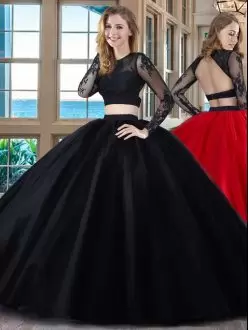 Low Price Scoop Long Sleeves Quinceanera Dresses Floor Length Appliques Black and Red Tulle