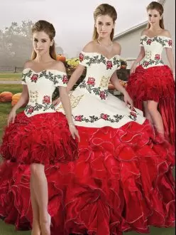 Off The Shoulder Sleeveless Quinceanera Gowns Floor Length Embroidery and Ruffles White And Red Organza