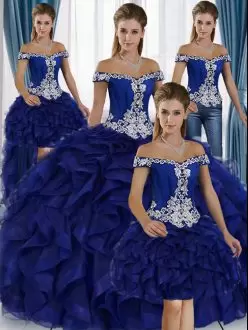 Romantic Off The Shoulder Sleeveless Quince Ball Gowns Floor Length Beading and Ruffles Royal Blue Organza