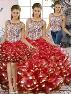 Pretty Sleeveless Organza Floor Length Lace Up Quince Ball Gowns in Red with Beading and Ruffles