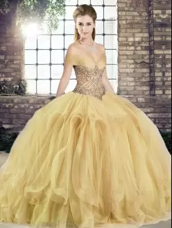 Floor Length Gold Sweet 16 Quinceanera Dress Off The Shoulder Sleeveless Lace Up