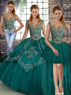 Latest Teal Lace Up Straps Beading and Embroidery Sweet 16 Dress Tulle Sleeveless