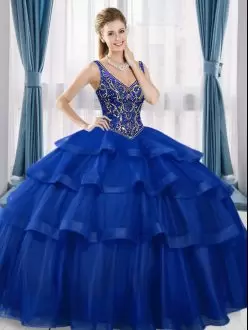 Shining Royal Blue Ball Gowns Beading and Ruffled Layers Quince Ball Gowns Lace Up Organza Sleeveless