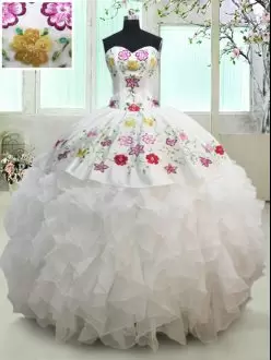 Pretty Sweetheart Colorful Embroidered Flowers and Ruffled White Quinceanera Dress