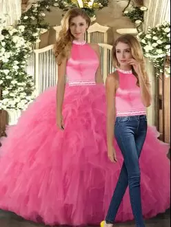 Super Hot Pink Backless Sweet 16 Dress Beading and Ruffles Sleeveless Floor Length