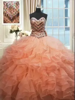 Inexpensive Orange and Peach Organza Lace Up Quince Ball Gowns Sleeveless Floor Length Beading and Ruffles