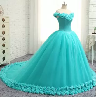 Fashionable Pink and Turquoise Lace Up 15th Birthday Dress Hand Made Flower Sleeveless With Train Court Train