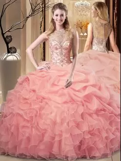 Pretty Peach Ball Gowns Beading and Ruffles Sweet 16 Dresses Zipper Organza Sleeveless Floor Length