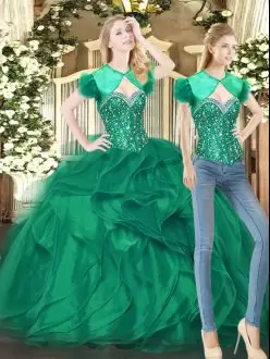 Discount Sweetheart Sleeveless 15th Birthday Dress Floor Length Beading and Ruffles Dark Green Tulle