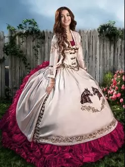 Charro White Hot Pink 15 Quinceanera Dress with Embroidered Horses and Ruffles with Long Sleeve Jacket
