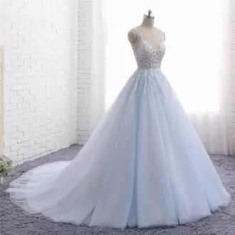 V-neck Sleeveless Ball Gown Prom Dress Court Train Appliques Light Blue Satin and Tulle