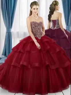 Top Selling Red Sleeveless Beading and Ruffled Layers Lace Up 15th Birthday Dress Sweetheart