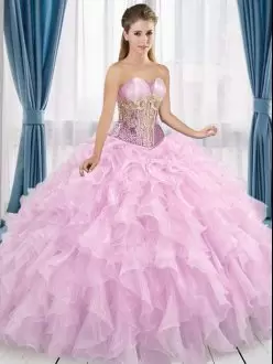 Sweetheart Sleeveless Ball Gown Prom Dress Floor Length Appliques and Ruffles Pink Organza