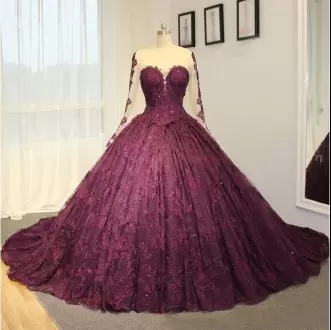 Maroon Sheer Long Sleeve Fully Lace Quinceanera Dress with Cathedral Train
