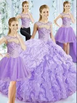 Lavender Organza Lace Up Sweetheart Sleeveless Sweet 16 Quinceanera Dress Brush Train Beading and Ruffled Layers
