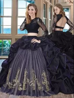 Black Taffeta Long Sleeves Two Pieces Embroidery Quinceanera Dress Brush Train Pick Ups