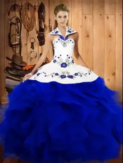 Custom Fit Royal Blue Lace Up Halter Top Embroidery and Ruffles Quinceanera Dress Tulle Sleeveless