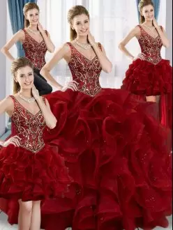 Wine Red Lace Up Quinceanera Gowns Beading and Ruffles Sleeveless Floor Length