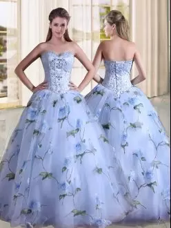 High Class Floral Printed Sky Blue Sweetheart Beaded Vestidos de Quinceanera with Beaded Bodice