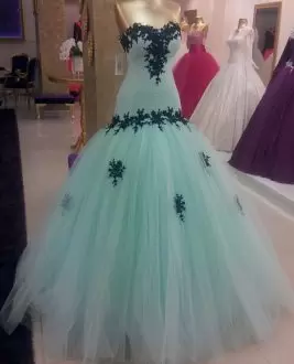 Customized Mint Green Mermaid Sweet 16 Dress with Black Appliques Under 150